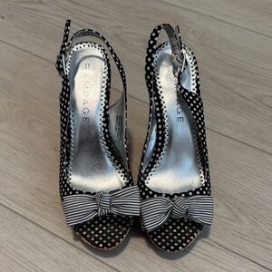 Rampage Black and White Polka Dot Slingback Peep-Toe Heels with Bow